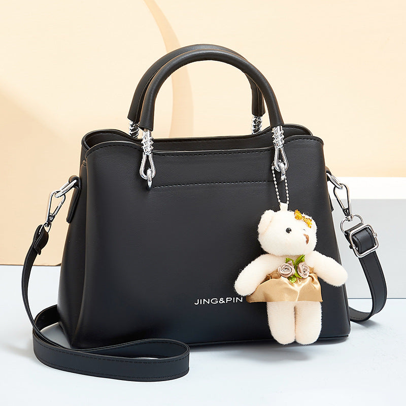 Large Capacity Soft Leather Bear Pendant Women's Shoulder Handbag