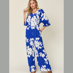 Double Take Full Size Printed Tie Back Wide Leg Jumpsuit