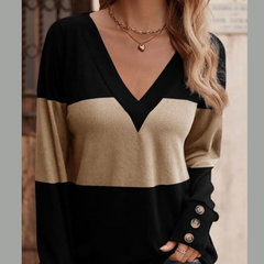 Decorative Button Contrast V-Neck Long Sleeve T-Shirt