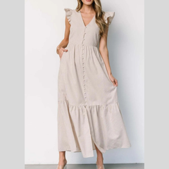 Slit Striped V-Neck Ruffled Cap Sleeve Dress