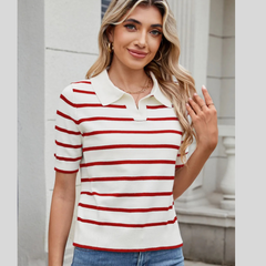 Striped Johnny Collar Short Sleeve Sweater