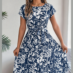 Tied Pleated Printed Short Sleeve Dress