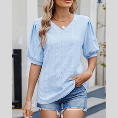 Puff Sleeve V-Neck Eyelet Lace T-Shirt