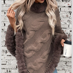 Fuzzy Hem Cable-Knit Poncho