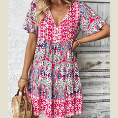 Printed Tie Neck Short Sleeve Dress