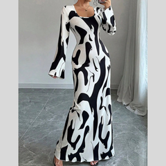 Abstract Print Long Sleeve Maxi Dress