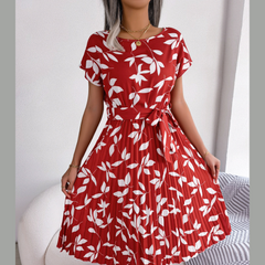Printed Round Neck Short Sleeve Pleated Dress