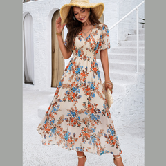 Devine Smocked Floral V-Neck Short Sleeve Dress