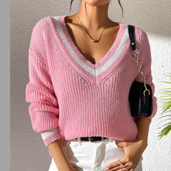 Contrast Trim V-Neck Long Sleeve Sweater