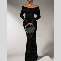 Off-Shoulder Glitter Evening Maxi Dress