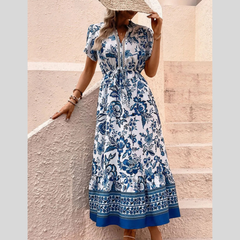 Printed Notched Short Sleeve Dress
