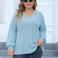 Plus Size Ribbed V-Neck Long Sleeve Top
