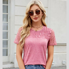 Smocked Round Neck Short Sleeve T-Shirt
