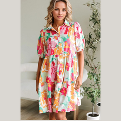 Button Down Floral Puff Sleeve Babydoll Dress
