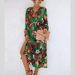 Printed Surplice Long Sleeve Midi Dress