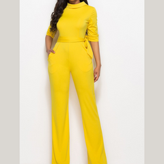 Mock Neck Tie-Waist Half Sleeve Jumpsuit
