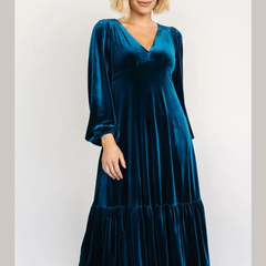 V-Neck Long Sleeve Midi Velvet Dress