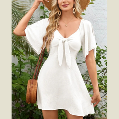 Smocked Back Knotted Flutter Sleeve Dress