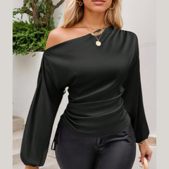 Drawstring One Shoulder Long Sleeve Blouse