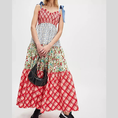 Smocked Tie Shoulder Printed Maxi Dress
