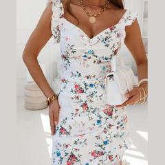 Printed Ruffled Sweetheart Neck Mini Dress