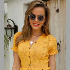 Buttoned Frill Hem Cropped Knit Top