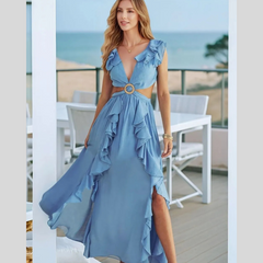 Cutout Ruffled Cap Sleeve Maxi Dress