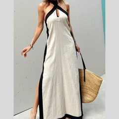 Contrast Halter Sleeveless Maxi Dress