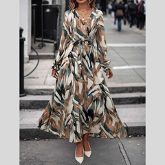 Printed Surplice Flounce Sleeve Maxi Dress