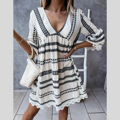 V-Neck Lace Trim Striped Babydoll Dress