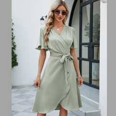 Tie Waist Flutter Sleeve Surplice Dress