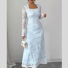 Lace Long Sleeve Square Neck Maxi Dress