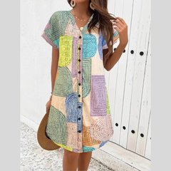 Geometric V-Neck Short Sleeve Button-Front Dress