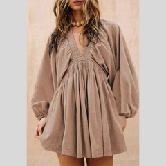 Smocked Bodice V-Neck Puff Sleeve Dress