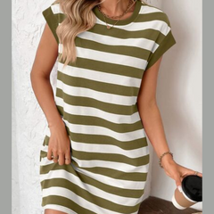 Contrast Striped Round Neck Short Sleeve Mini Dress