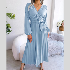 Elegant Pleated Front Tie Long Sleeve Dress