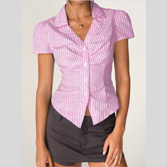 Striped Collared Neck Short Sleeve Shirt