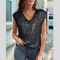 V-Neck Sequin Cap Sleeve Top