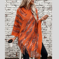 Fringe Contrast Hooded Poncho