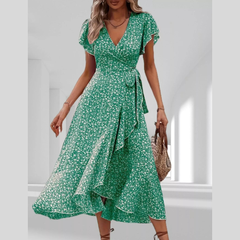 Floral Print Ruffle Hem Wrap Midi Dress
