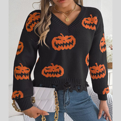 Halloween Pumpkin Pattern Raw Hem V-Neck Sweater