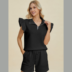 Double Take Full Size Texture Flounce Sleeve Top and Shorts Set