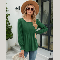 Smocked Round Neck Lantern Sleeve Blouse