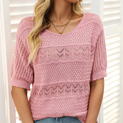 Openwork Round Neck Half Sleeve Knit Top