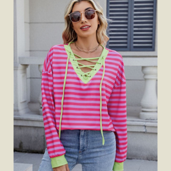 Lace-Up Striped Long Sleeve T-Shirt