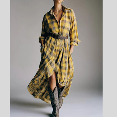 Full Size Plaid High-Low Long Sleeve Shirt Dress Plus Size