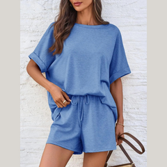 Effortless Cap Sleeve Two-Piece Set with Round Neck Top and Shorts