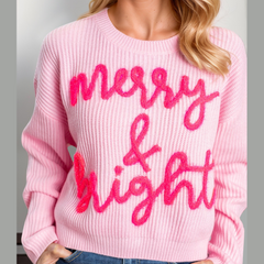 Double Take Full Size MERRY & BRIGHT Christmas Dropped Shoulder Cropped Sweater