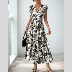 Printed V-Neck Cap Sleeve Dress