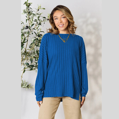 Basic Bae Full Size Ribbed Round Neck Slit Knit Top